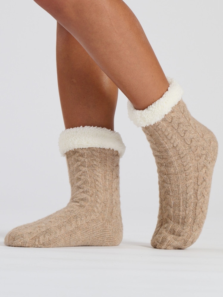 Loungeable Brown Cable Knit Chenille Socks - Image 1 of 4 Loungeable Brown Cable Knit Chenille Socks - Image 1 of 4