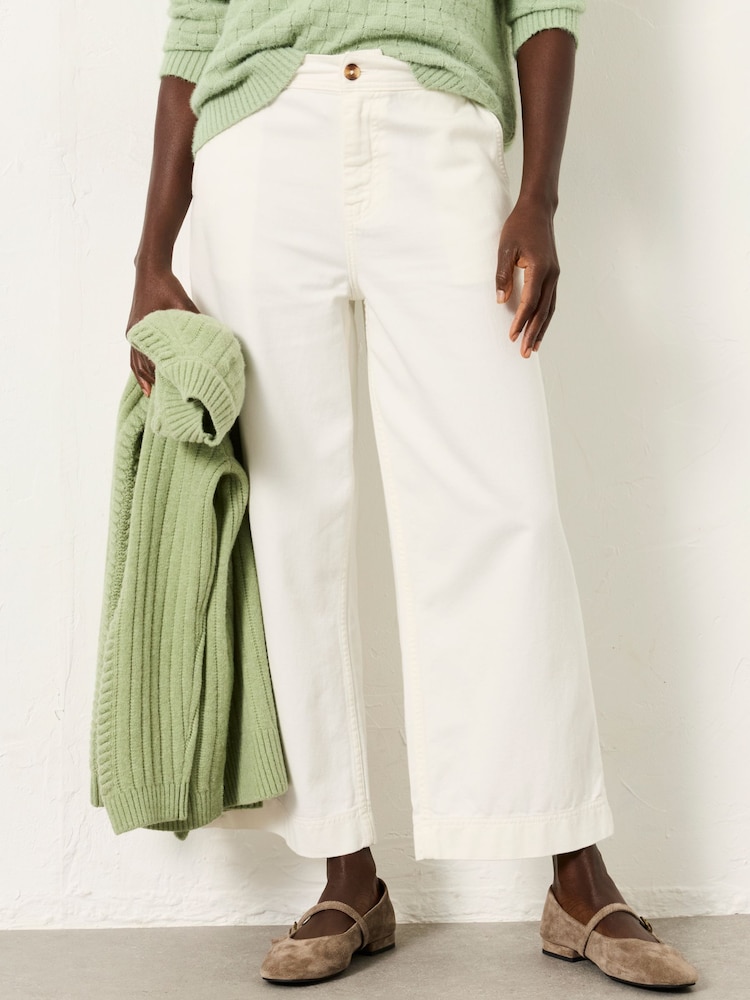FatFace White Wide Leg Cropped Trousers - Image 1 of 6