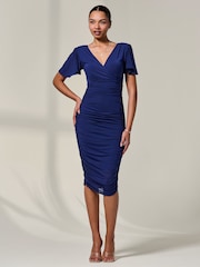 Jolie Moi Blue Ruched Mesh Bodycon Dress - Image 1 of 6