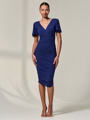 Jolie Moi Blue Ruched Mesh Bodycon Dress - Image 4 of 6