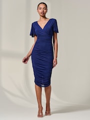Jolie Moi Blue Ruched Mesh Bodycon Dress - Image 6 of 6