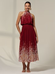 Jolie Moi Red Pleated Halterneck Maxi Dress - Image 1 of 6