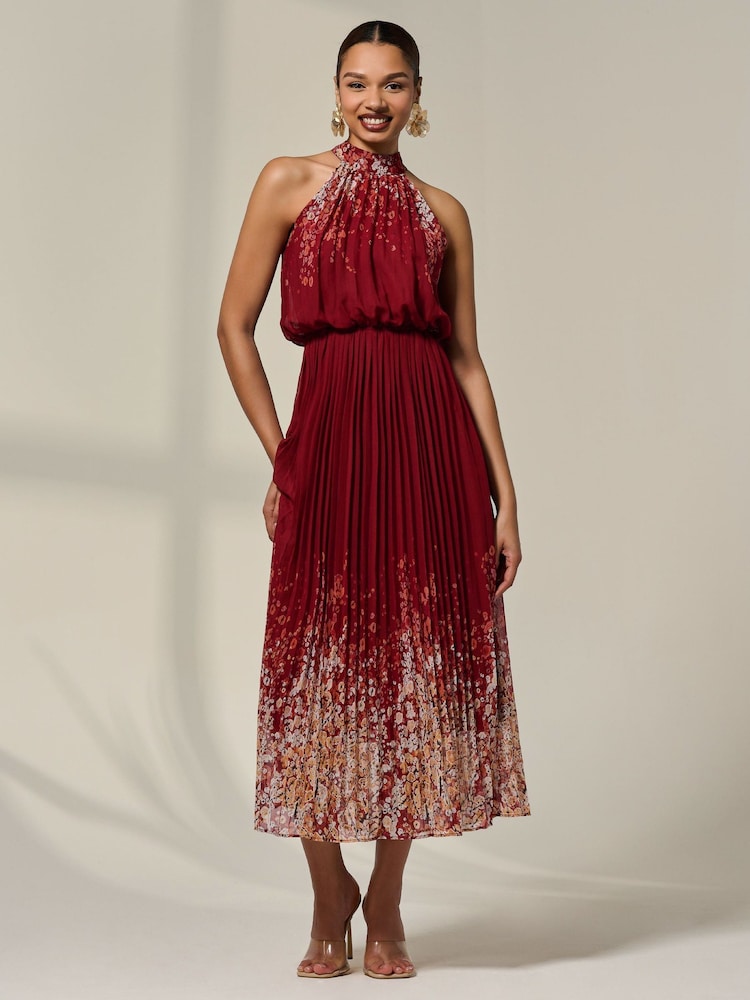 Jolie Moi Red Pleated Halterneck Maxi Dress - Image 1 of 6