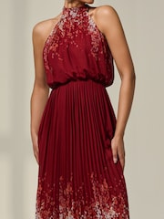 Jolie Moi Red Pleated Halterneck Maxi Dress - Image 3 of 6