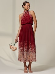 Jolie Moi Red Pleated Halterneck Maxi Dress - Image 4 of 6