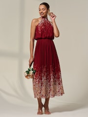Jolie Moi Red Pleated Halterneck Maxi Dress - Image 5 of 6