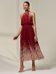 Jolie Moi Red Pleated Halterneck Maxi Dress - Image 6 of 6