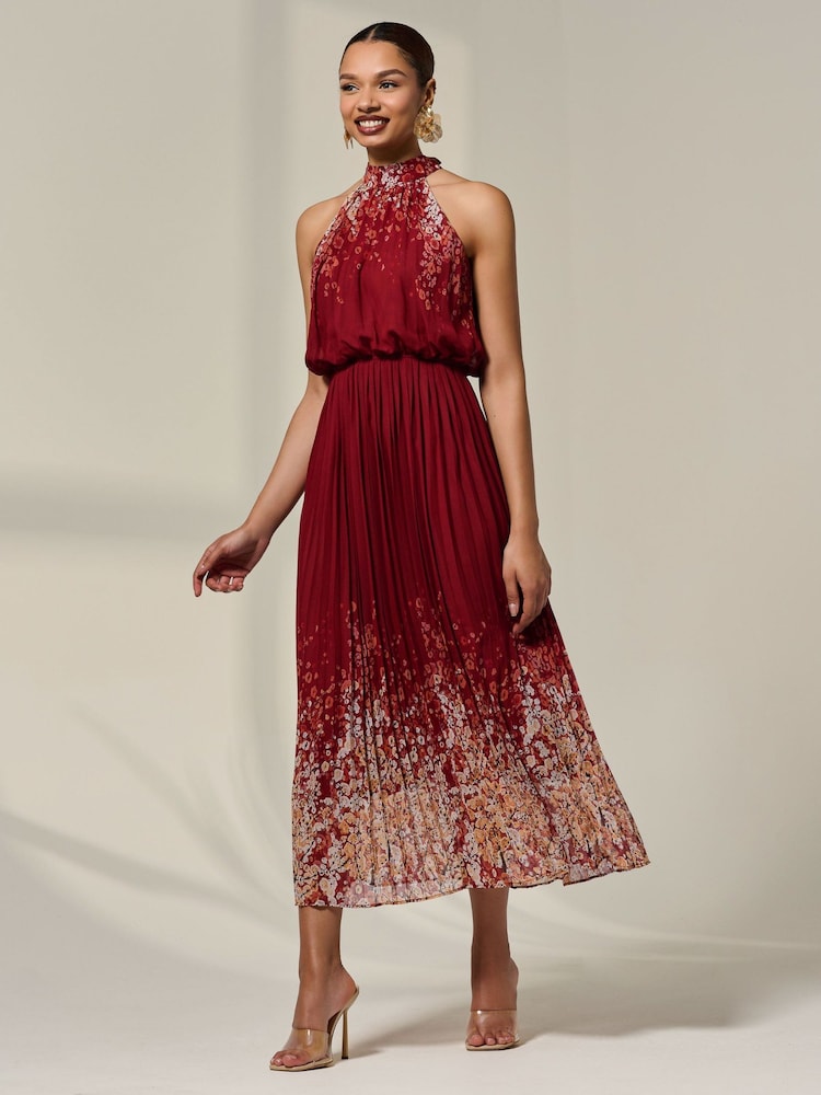 Jolie Moi Red Pleated Halterneck Maxi Dress - Image 6 of 6