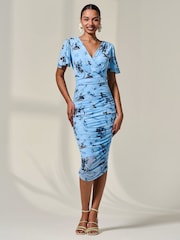 Jolie Moi Blue Mesh Sleeve Ruched Midi Dress - Image 1 of 6