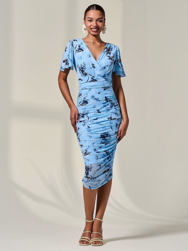 Jolie Moi Blue Mesh Sleeve Ruched Midi Dress - Image 1 of 6