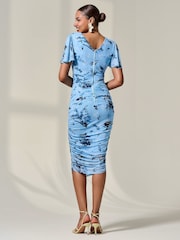 Jolie Moi Blue Mesh Sleeve Ruched Midi Dress - Image 2 of 6