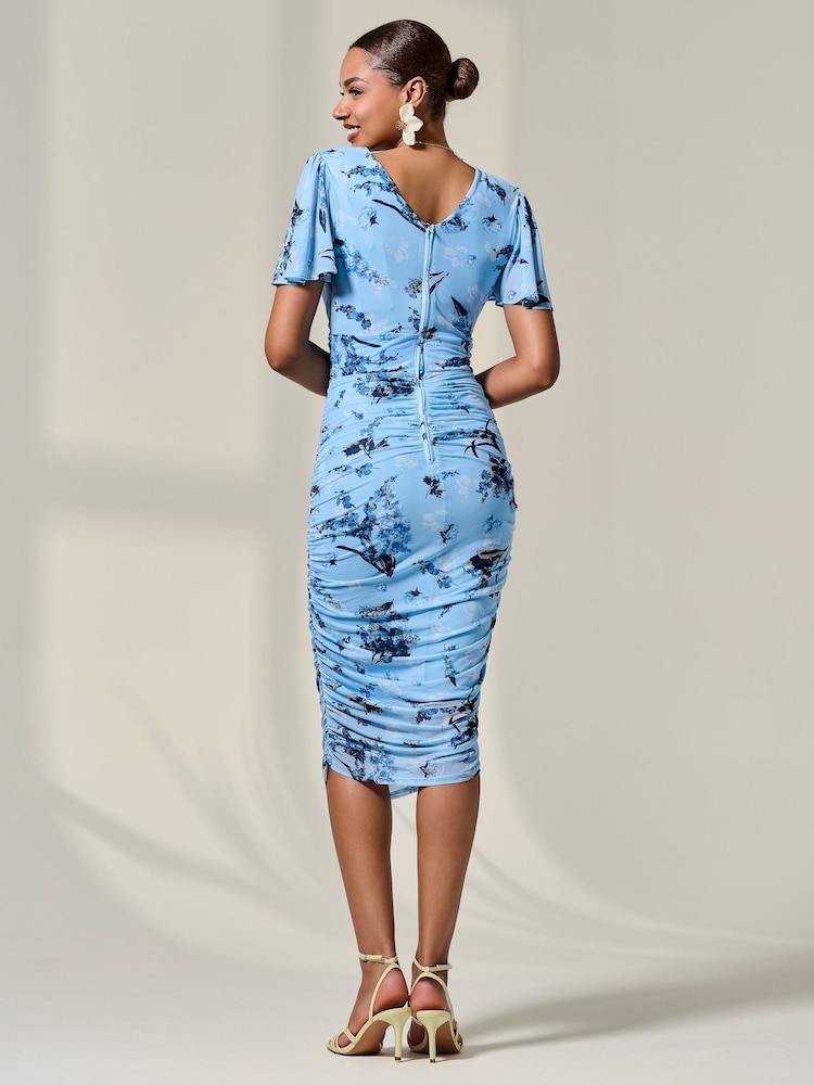 Jolie Moi Blue Mesh Sleeve Ruched Midi Dress - Image 2 of 6