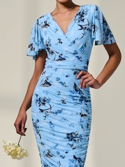 Jolie Moi Blue Mesh Sleeve Ruched Midi Dress - Image 3 of 6
