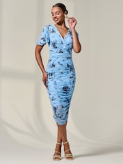 Jolie Moi Blue Mesh Sleeve Ruched Midi Dress - Image 4 of 6