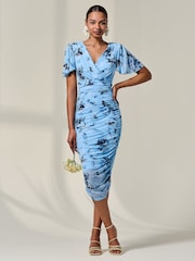 Jolie Moi Blue Mesh Sleeve Ruched Midi Dress - Image 5 of 6