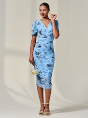 Jolie Moi Blue Mesh Sleeve Ruched Midi Dress - Image 6 of 6