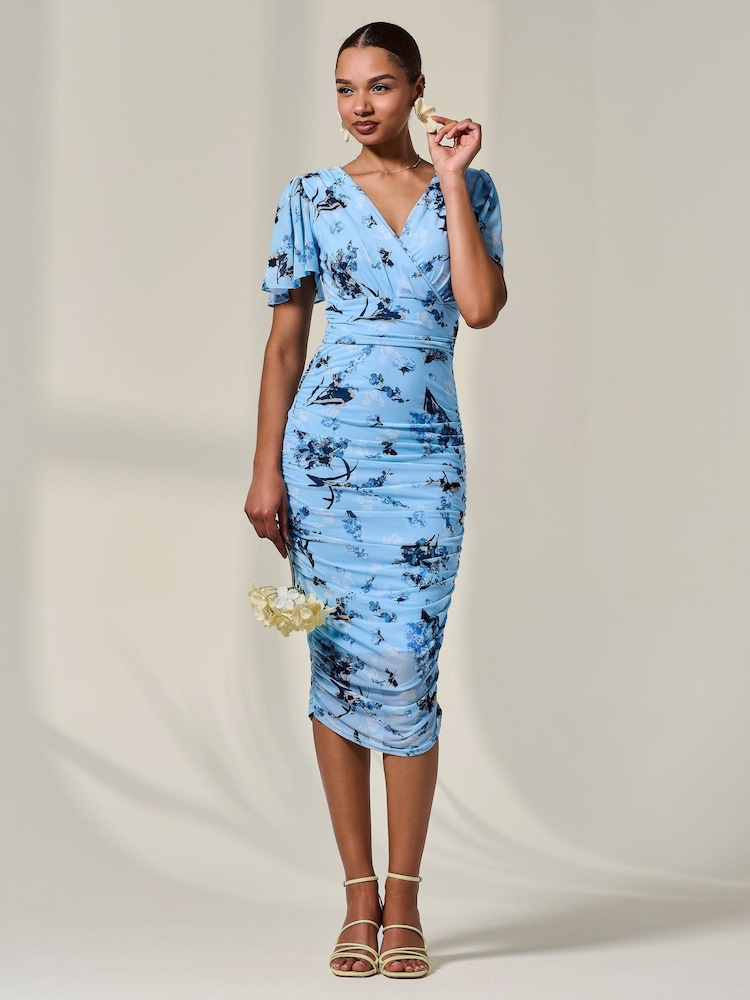 Jolie Moi Blue Mesh Sleeve Ruched Midi Dress - Image 6 of 6