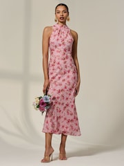 Jolie Moi Pink Chiffon Halterneck Printed Midaxi Dress - Image 1 of 6