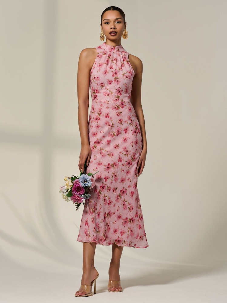 Jolie Moi Pink Chiffon Halterneck Printed Midaxi Dress - Image 1 of 6