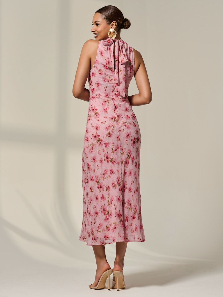 Jolie Moi Pink Chiffon Halterneck Printed Midaxi Dress - Image 2 of 6