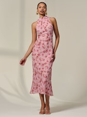 Jolie Moi Pink Chiffon Halterneck Printed Midaxi Dress - Image 3 of 6