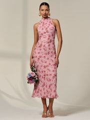 Jolie Moi Pink Chiffon Halterneck Printed Midaxi Dress - Image 5 of 6