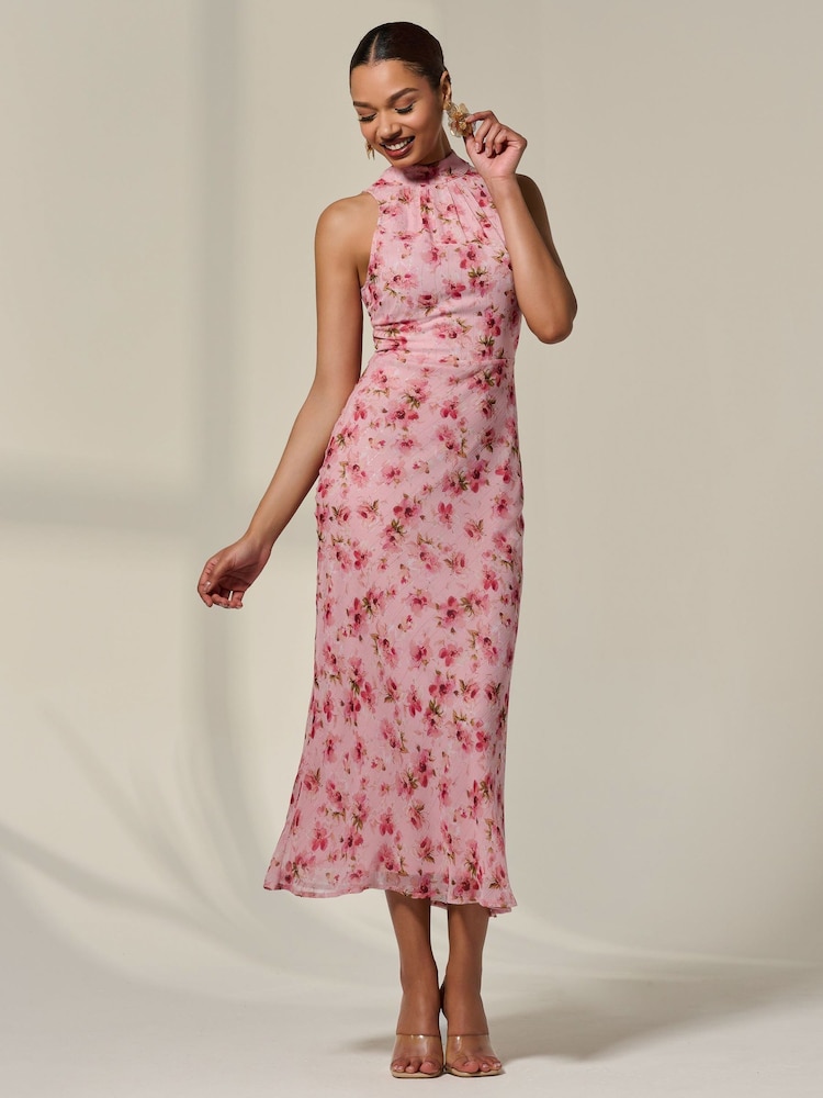 Jolie Moi Pink Chiffon Halterneck Printed Midaxi Dress - Image 6 of 6