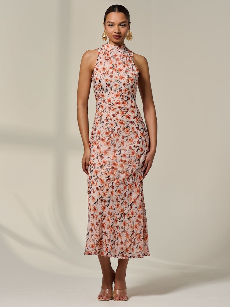 Jolie Moi Orange Chiffon Halterneck Printed Midaxi Dress - Image 1 of 6 Jolie Moi Orange Chiffon Halterneck Printed Midaxi Dress - Image 1 of 6