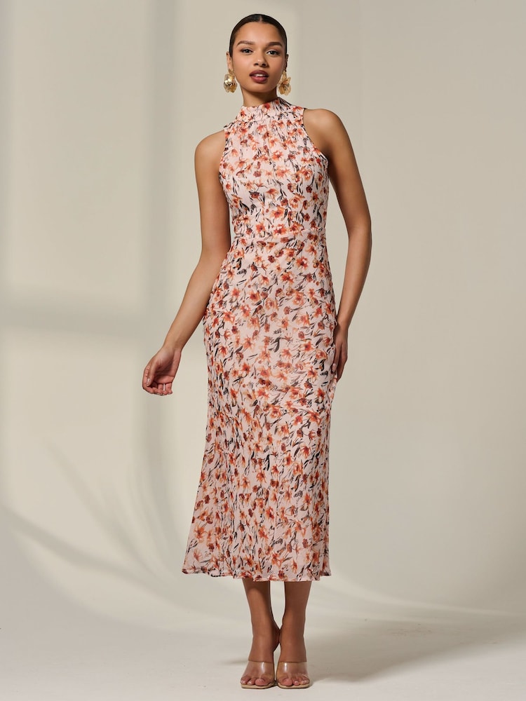 Jolie Moi Orange Chiffon Halterneck Printed Midaxi Dress - Image 6 of 6 Jolie Moi Orange Chiffon Halterneck Printed Midaxi Dress - Image 6 of 6