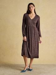 Joules Nia Brown Floral V-neck Long Sleeve Midaxi Dress - Image 5 of 8