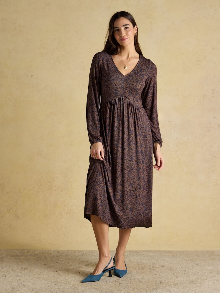 Womens Joules Nia Brown Floral V-Neck Long Sleeve Midi Jersey Dress XS (US 2)