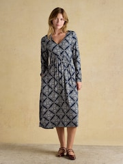 Joules Nia Navy Geo V-neck Long Sleeve Midaxi Dress - Image 1 of 8