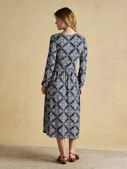 Joules Nia Navy Geo V-neck Long Sleeve Midaxi Dress - Image 2 of 8