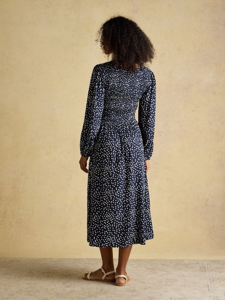 Joules Liliana Navy Spot Shirred V-Neck Midi Dress - Image 2 of 8 Joules Liliana Navy Spot Shirred V-Neck Midi Dress - Image 2 of 8