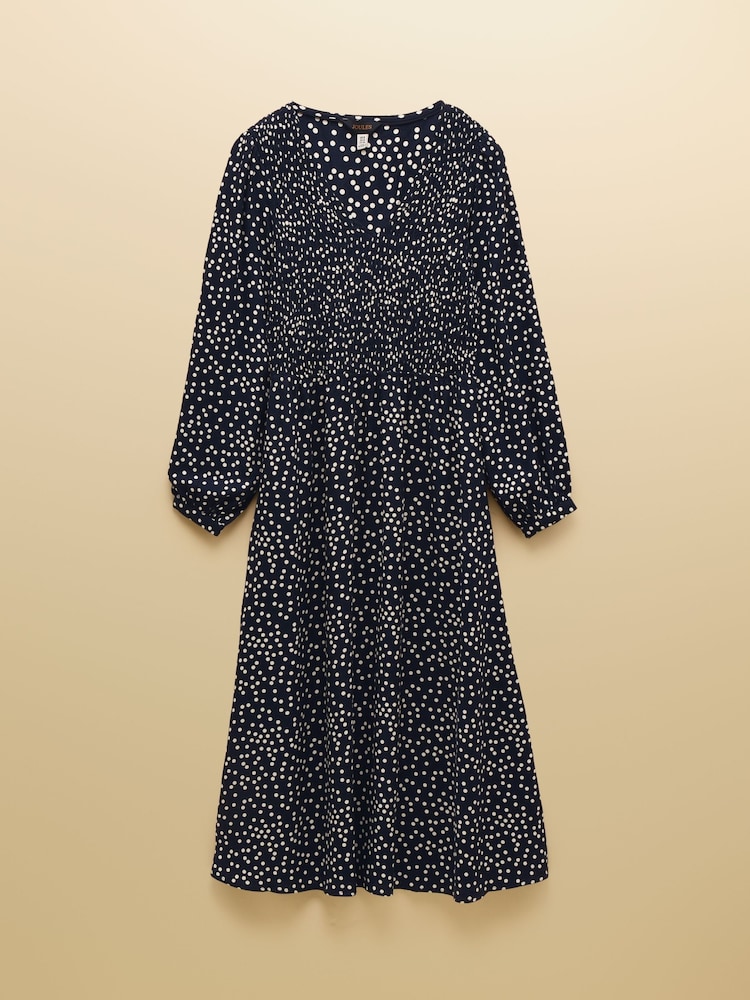 Joules Liliana Navy Spot Shirred V-Neck Midi Dress - Image 8 of 8 Joules Liliana Navy Spot Shirred V-Neck Midi Dress - Image 8 of 8