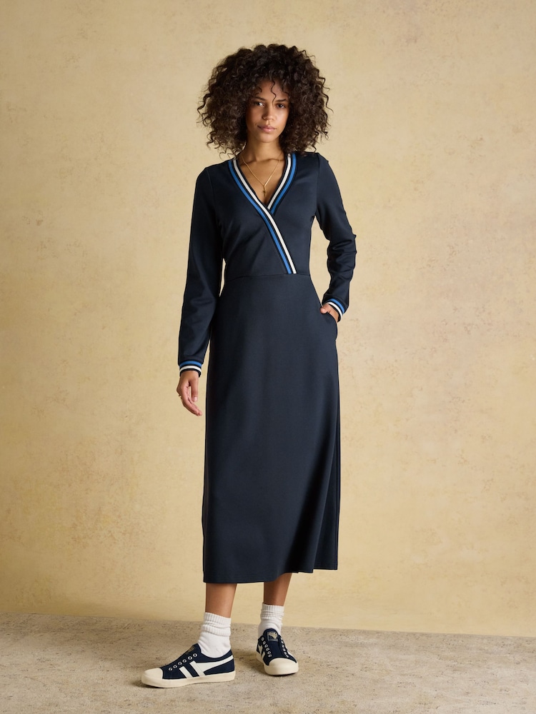 Joules Dulcie Navy Long Sleeve Ponte Wrap Midi Dress - Image 1 of 7
