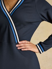 Joules Dulcie Navy Long Sleeve Ponte Wrap Midi Dress - Image 6 of 7