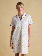 Joules Evie Cream Multi V-Neck Short Sleeve Dress with Collar - Image 1 of 9