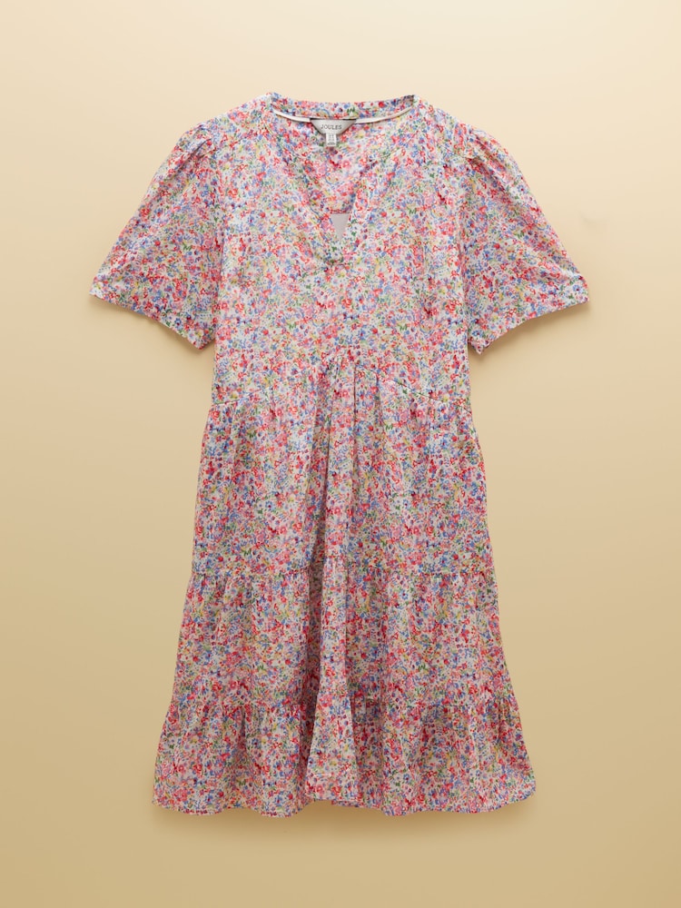 Joules Ariella Pink Ditsy Cotton Tiered Knee Length Dress - Image 7 of 7
