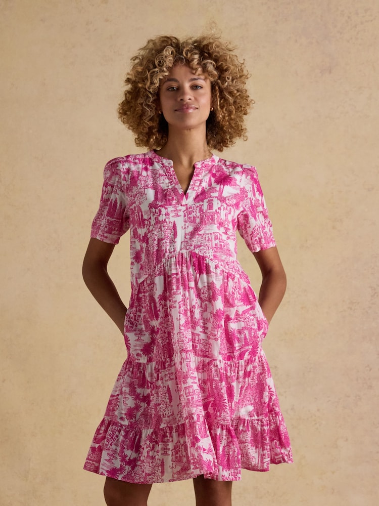 Joules Ariella Pink Toile Cotton Tiered Knee Short Length Dress - Image 1 of 8 Joules Ariella Pink Toile Cotton Tiered Knee Short Length Dress - Image 1 of 8