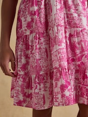 Joules Ariella Pink Toile Cotton Tiered Knee Short Length Dress - Image 3 of 8