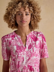 Joules Ariella Pink Toile Cotton Tiered Knee Short Length Dress - Image 6 of 8