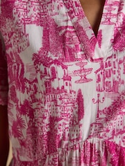 Joules Ariella Pink Toile Cotton Tiered Knee Short Length Dress - Image 7 of 8