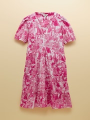 Joules Ariella Pink Toile Cotton Tiered Knee Short Length Dress - Image 8 of 8