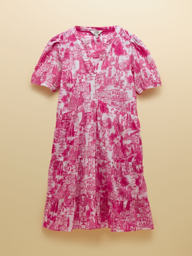 Joules Ariella Pink Toile Cotton Tiered Knee Short Length Dress - Image 8 of 8 Joules Ariella Pink Toile Cotton Tiered Knee Short Length Dress - Image 8 of 8