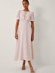 Monsoon Pink Bonnie Bow Puff Sleeve Midi Dress - Image 1 of 4