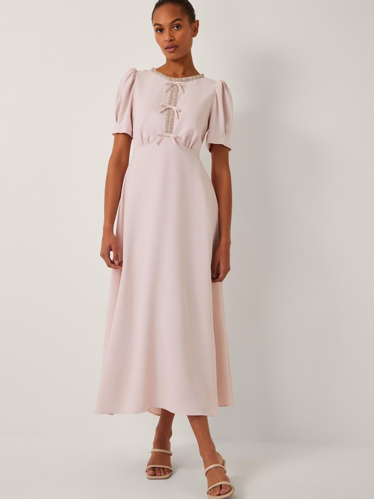 Monsoon Pink Bonnie Bow Puff Sleeve Midi Dress - Image 1 of 4