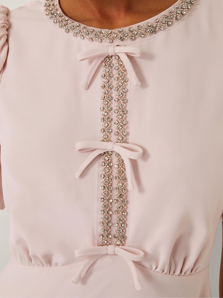 Monsoon Pink Bonnie Bow Puff Sleeve Midi Dress - Image 2 of 4