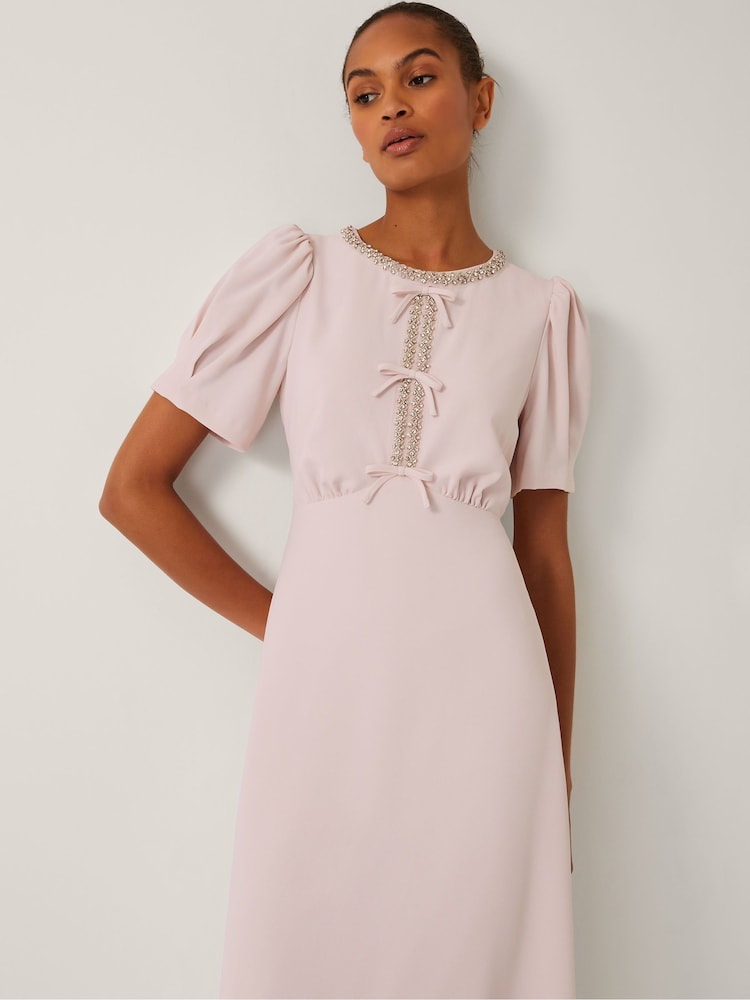 Monsoon Pink Bonnie Bow Puff Sleeve Midi Dress - Image 4 of 4
