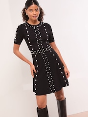 Lipsy Black Petite Studded Detail Short Sleeve Skater Knitted Mini Dress - Image 2 of 4